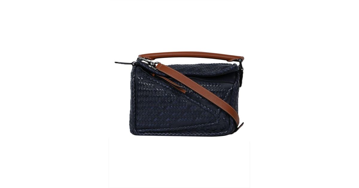 Loewe Leather Small Navy Woven Puzzle Bag in Blue Lyst