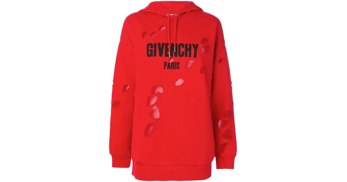 givenchy red distressed hoodie