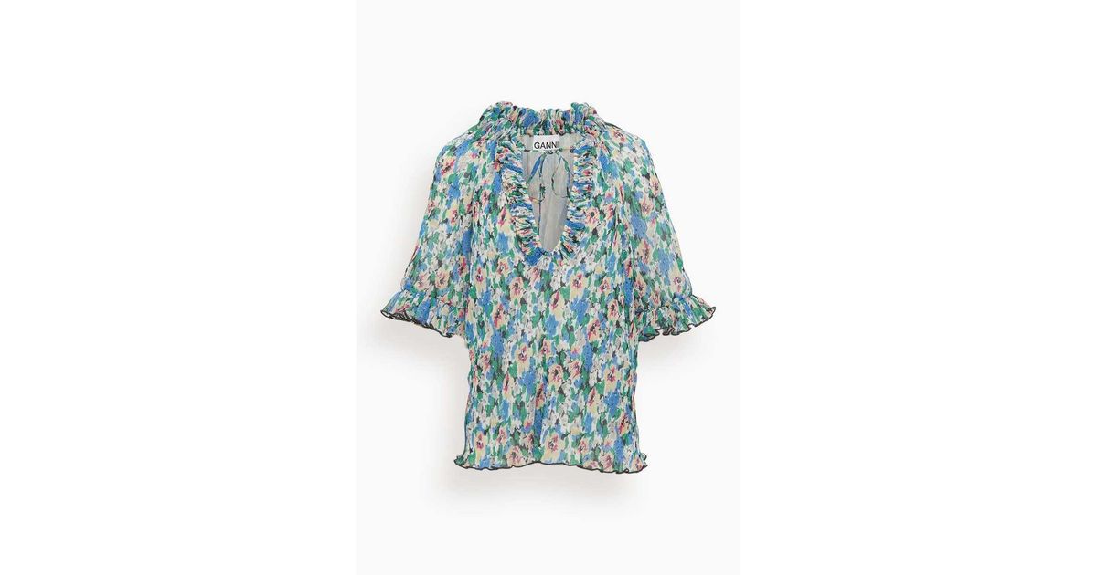 Ganni Synthetic Pleated Georgette Ruffle V-neck Blouse In Floral Azure Blue | Lyst
