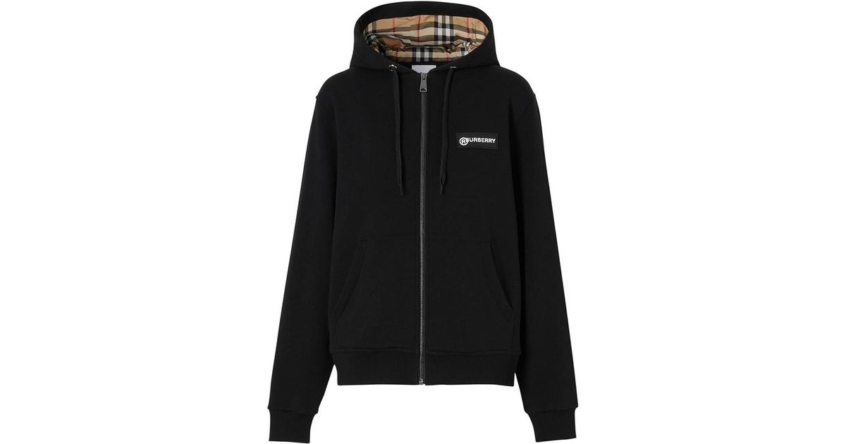Burberry Cotton Check Sleeve Zipped Hoodie in Black - Lyst