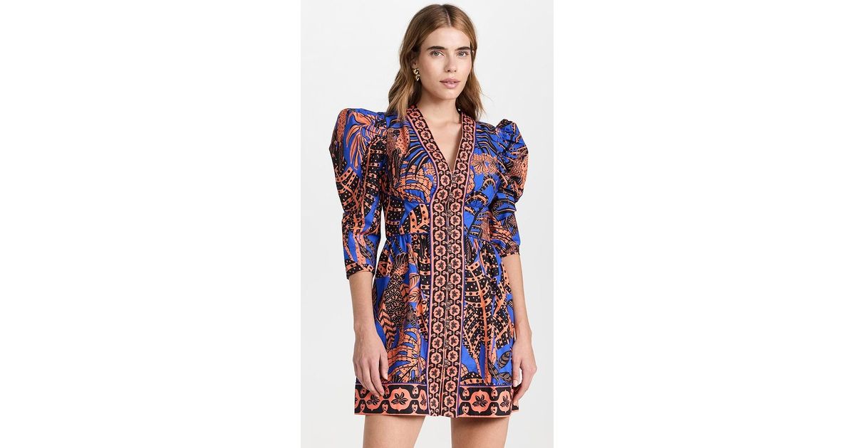 farm rio tropical gold blue short sleeve mini dress FARM Rio Tropical Gold Blue Short Sleeve Mini Dress