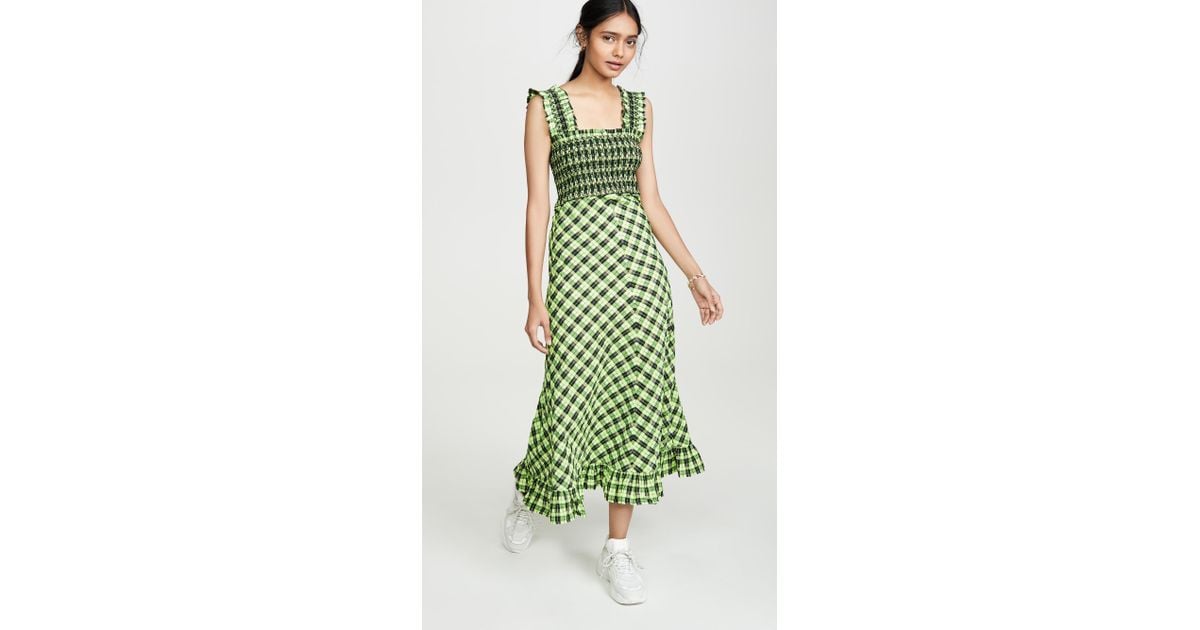 Ganni Checked Seersucker Midi Dress in Green | Lyst