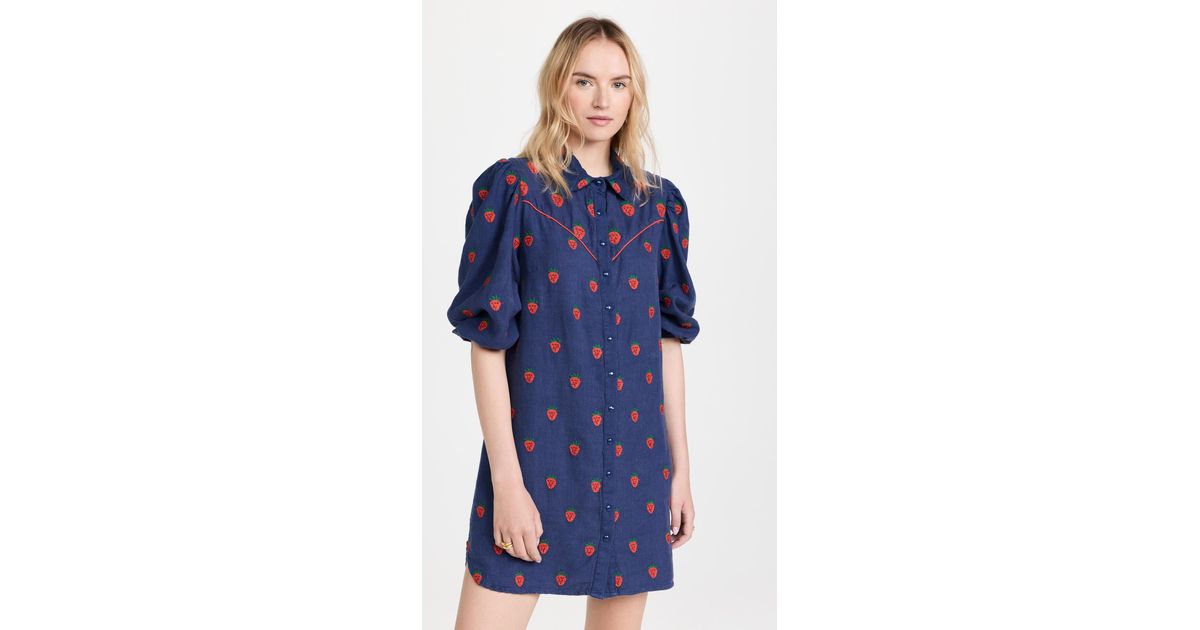 FARM Rio Linen Strawberry Cross Stitch Mini Dress in Navy Blue (Blue) | Lyst UK