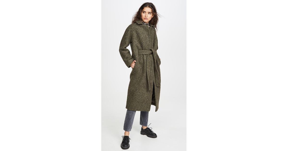 Ganni Boucle Wool Coat in Green | Lyst