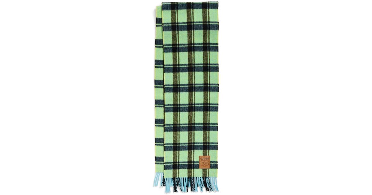 Ganni Double Face Wool Check Scarf in Green | Lyst