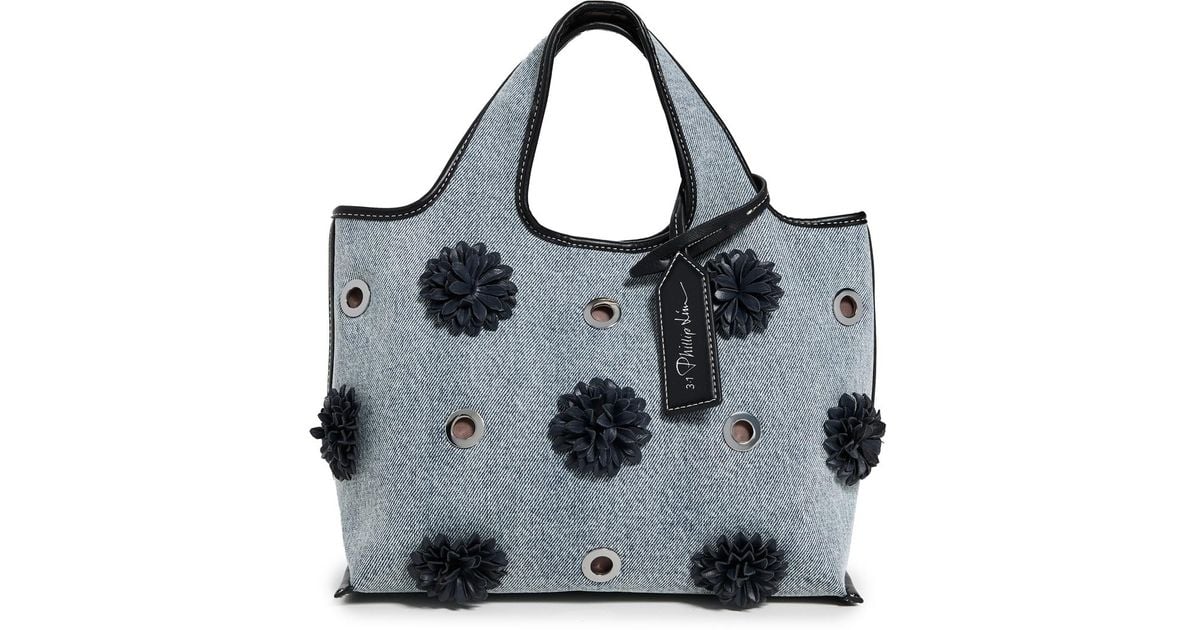 3.1 Phillip Lim Denim Mini Market Tote With Leather Flowers in