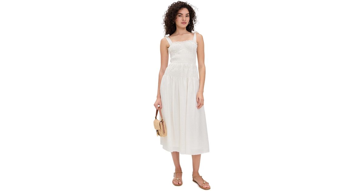 Moon River Adjustable Strap Shirred Midi Dress in White | Lyst