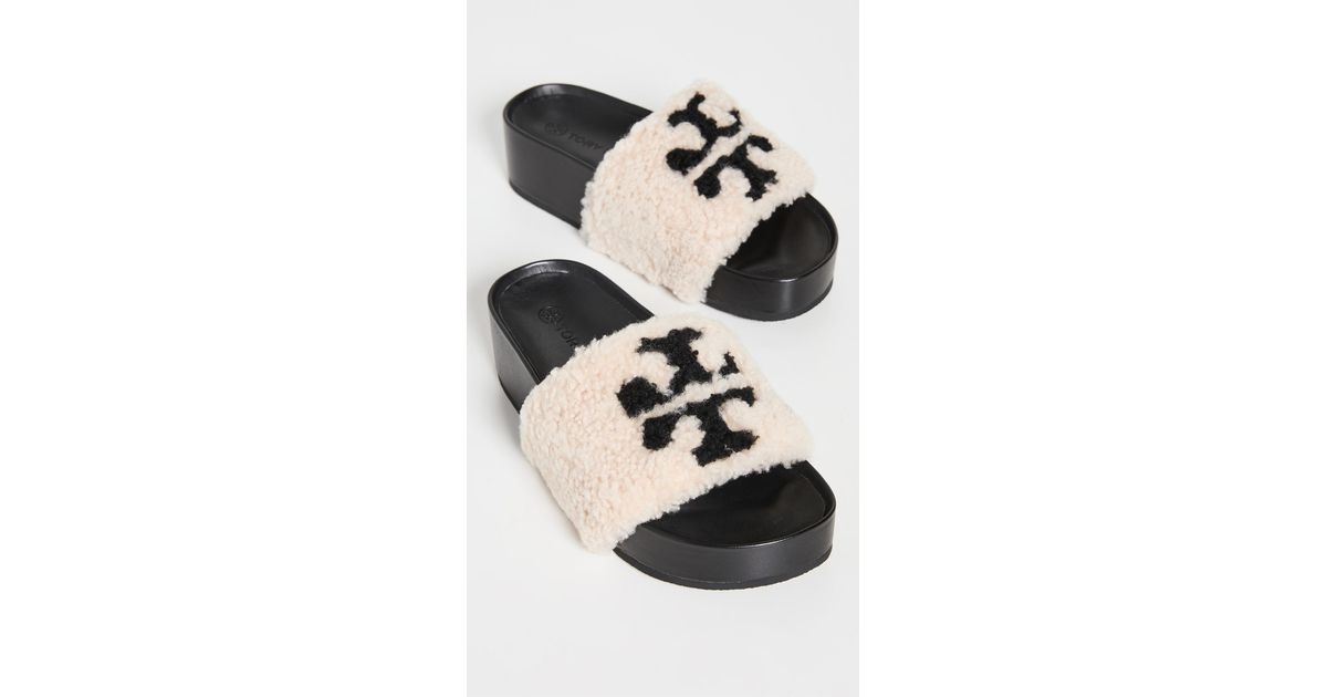 Tory Burch Leather Double T Shearling Flatform Sandals in Black - Lyst