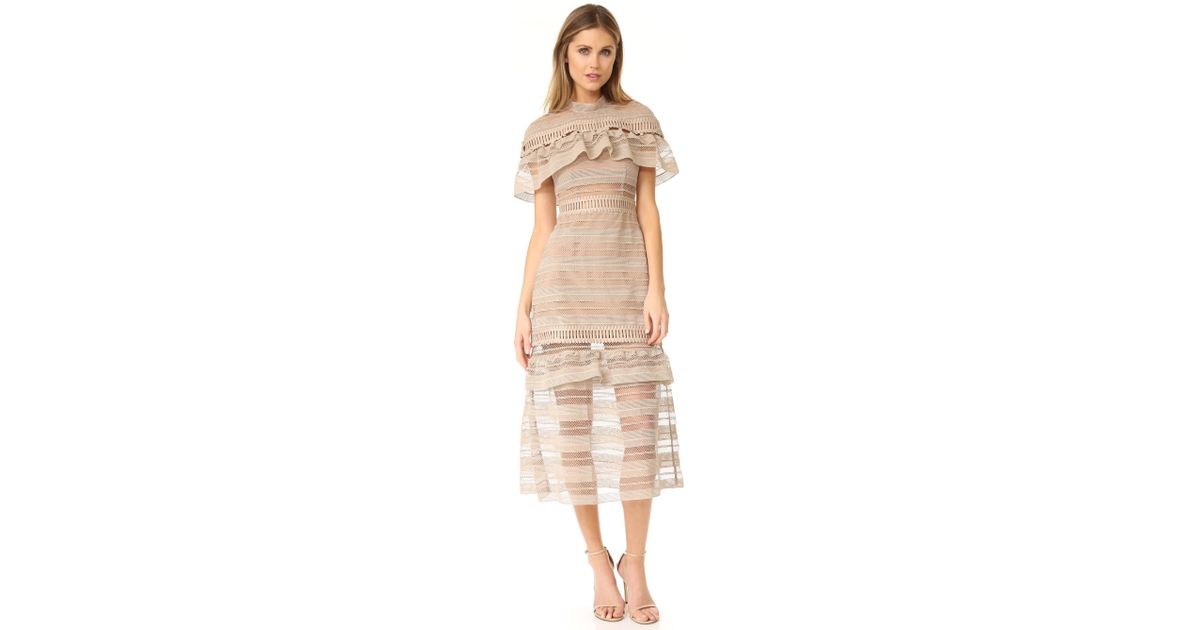 Self-Portrait Lace Yoke Frill Midi Dress in Nude (Natural) - Lyst
