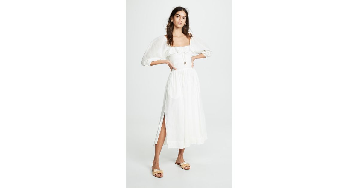 layered ruffle dress midi Confête - Odette Ruffle Mock Neck Tiered Midi Engagement Photos Dress