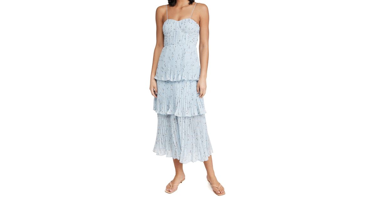 Self-Portrait Metallic Floral Tiered Midi Dress in Blue | Lyst
