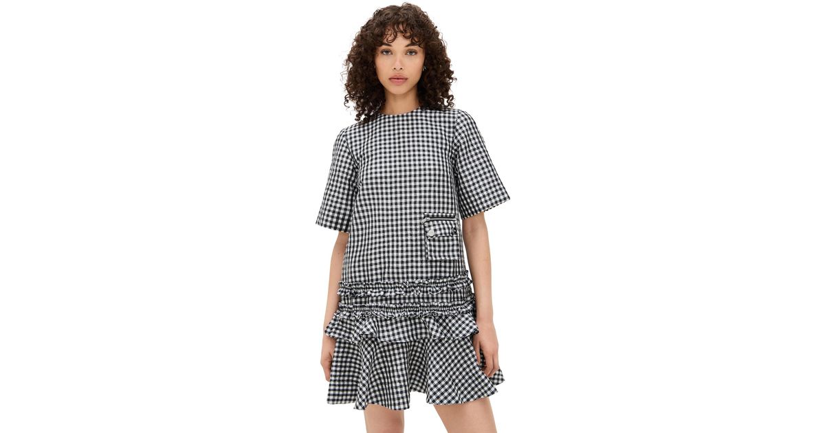 Ganni ■Crinkled Taffeta Check Open Back Mini Dress - Black Black Crinkled Check Mini Dress | GANNI CA