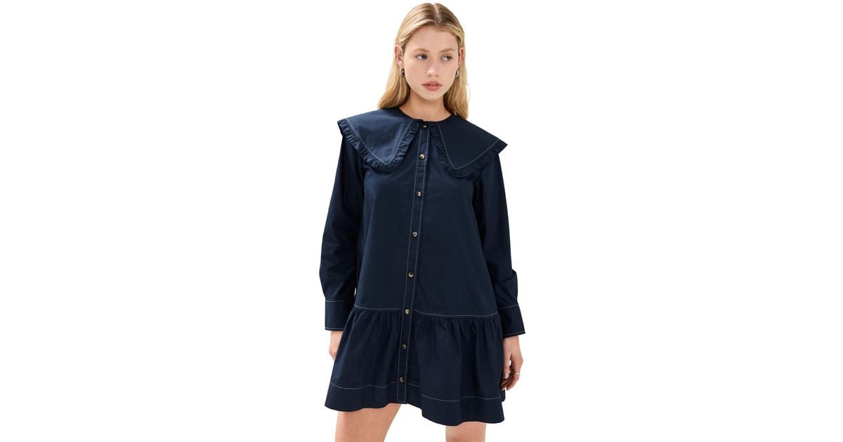 Ganni Poplin Big Collar Mini Shirt Dress in Blue | Lyst