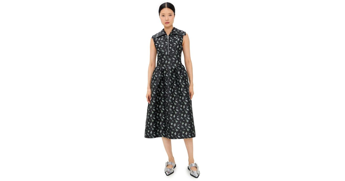 Ganni Floral Jacquard Midi Dress in Black | Lyst