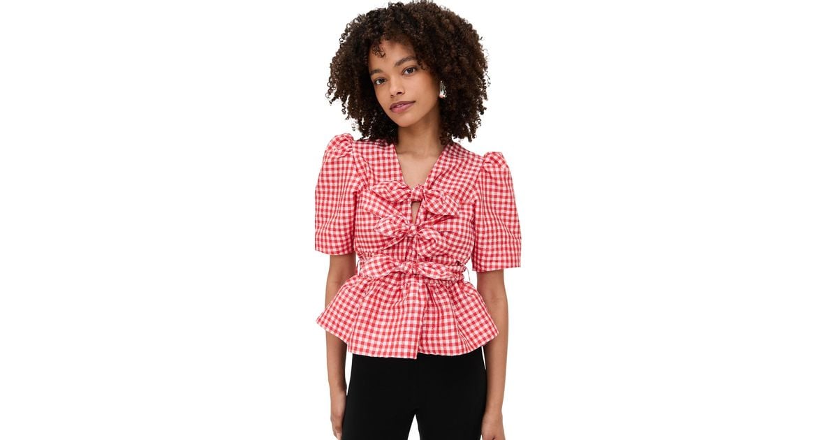 Ganni Crinkled Taffeta Check Tie Strap Blouse in Pink | Lyst