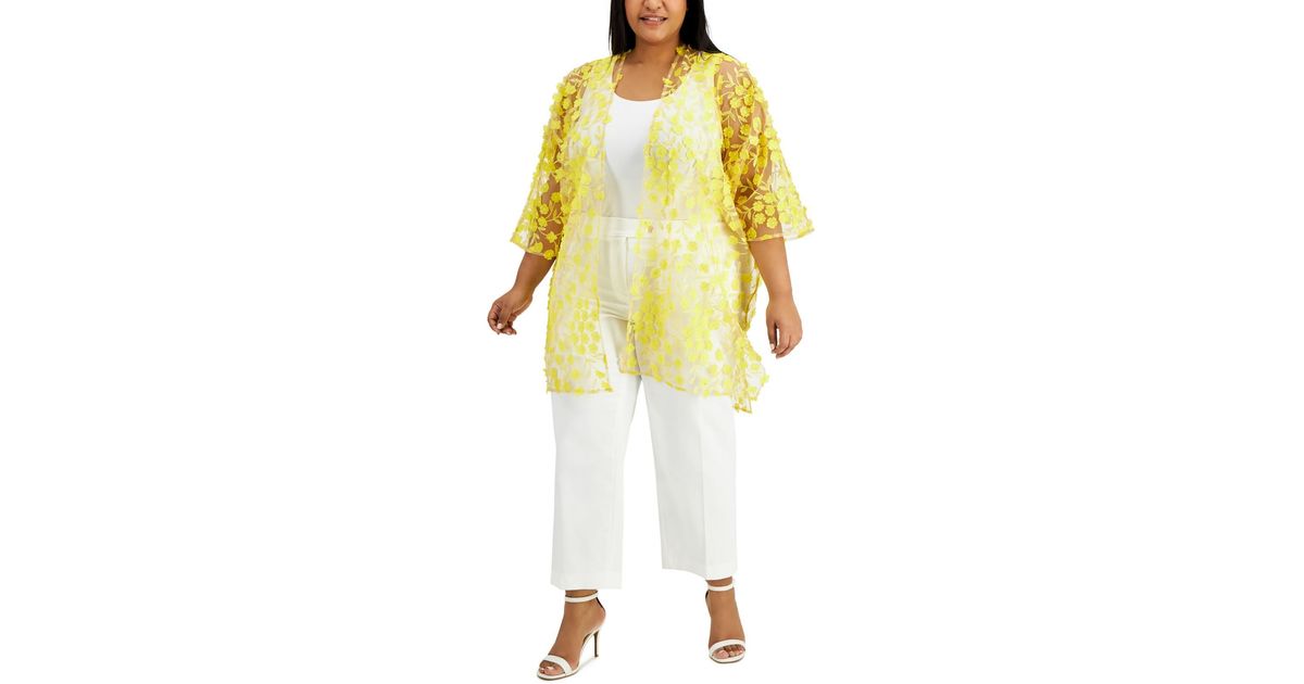 Anne Klein Floral Embroidered Cardigan Wrap in Yellow | Lyst