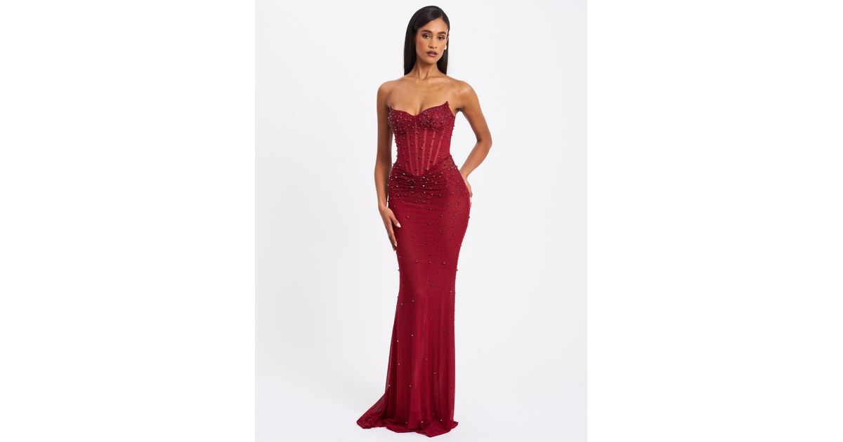 fatima burgundy crystal sleeveless corset maxi dress Miss Circle Women Fatima Black Crystal Sleeveless Corset Mermaid Maxi Dress