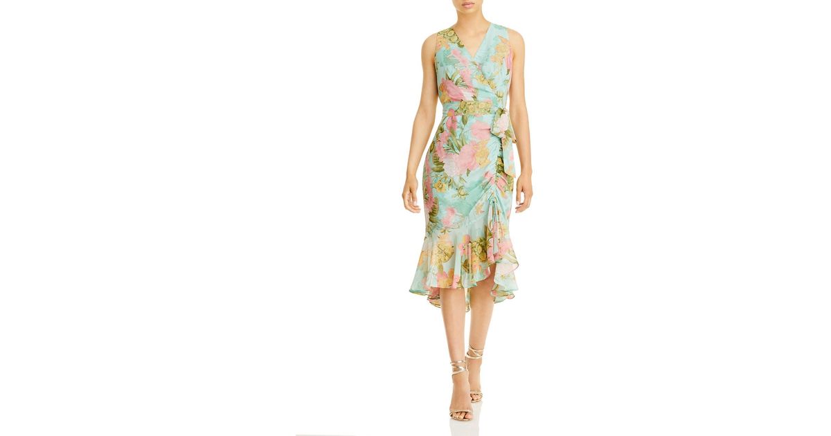 Eliza J Floral Midi Wrap Dress in Yellow | Lyst