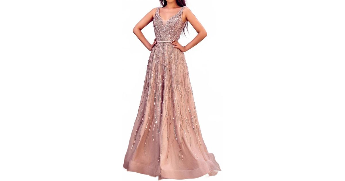Modessa Couture V-Neck Sleeveless Long Beaded Ball Gown in Pink | Lyst