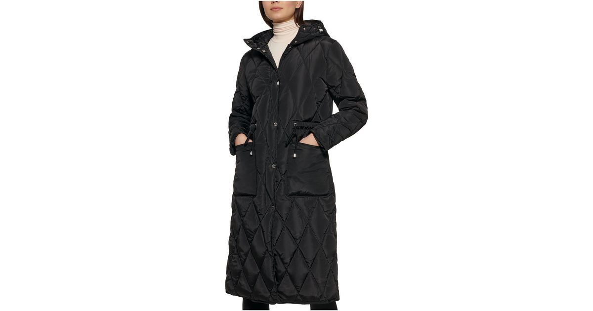 Kenneth Cole Quilted Long Parka Coat in Black | Lyst