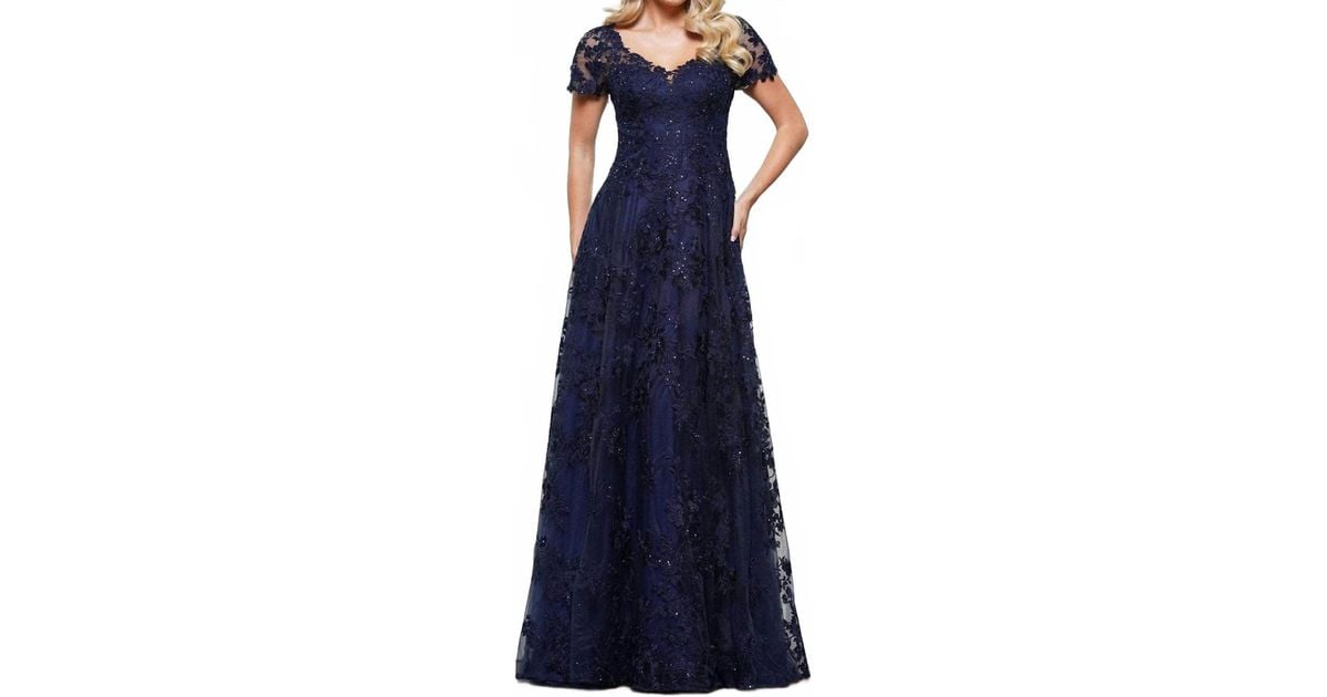 Rina Di Montella Long Embroidered Mesh A-Line Gown in Blue | Lyst