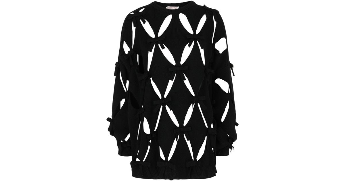 Black Ribbon Ribbed Valentino Wool Ribbon Cutout Sweater in Black | Lyst