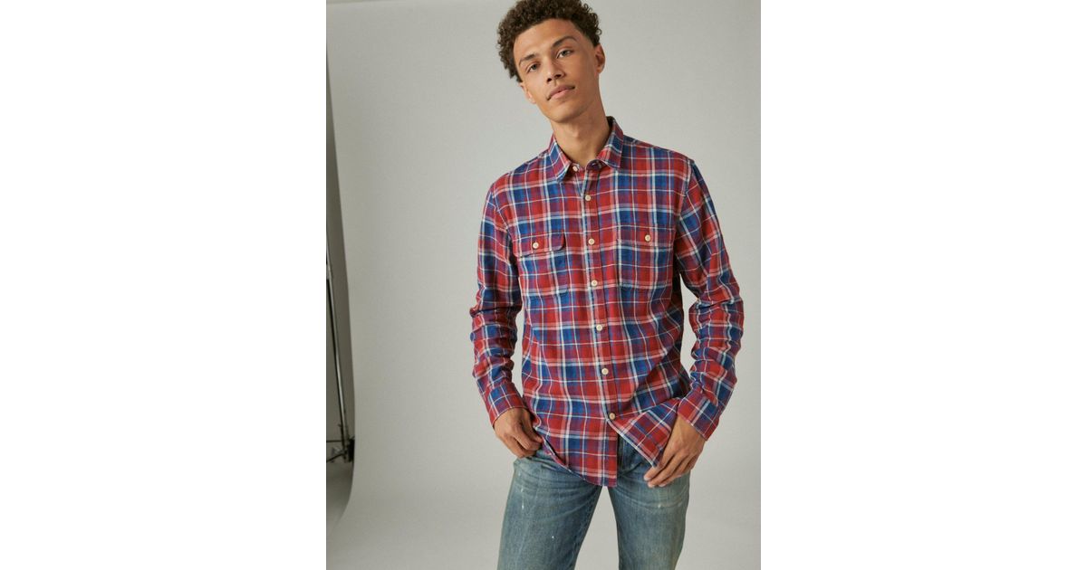 Lucky Brand Plaid Indigo Long Sleeve Utility Shirt in Red for Men