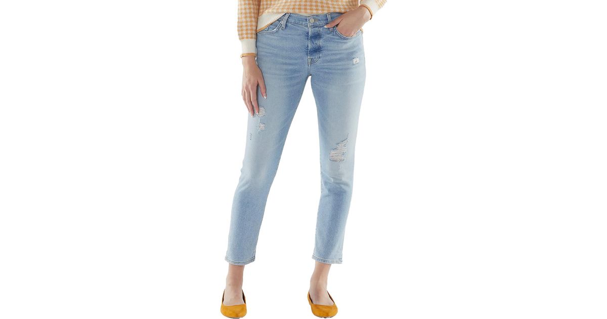 7 For All Mankind Distressed Low-rise Slim Jeans in Blue | Lyst