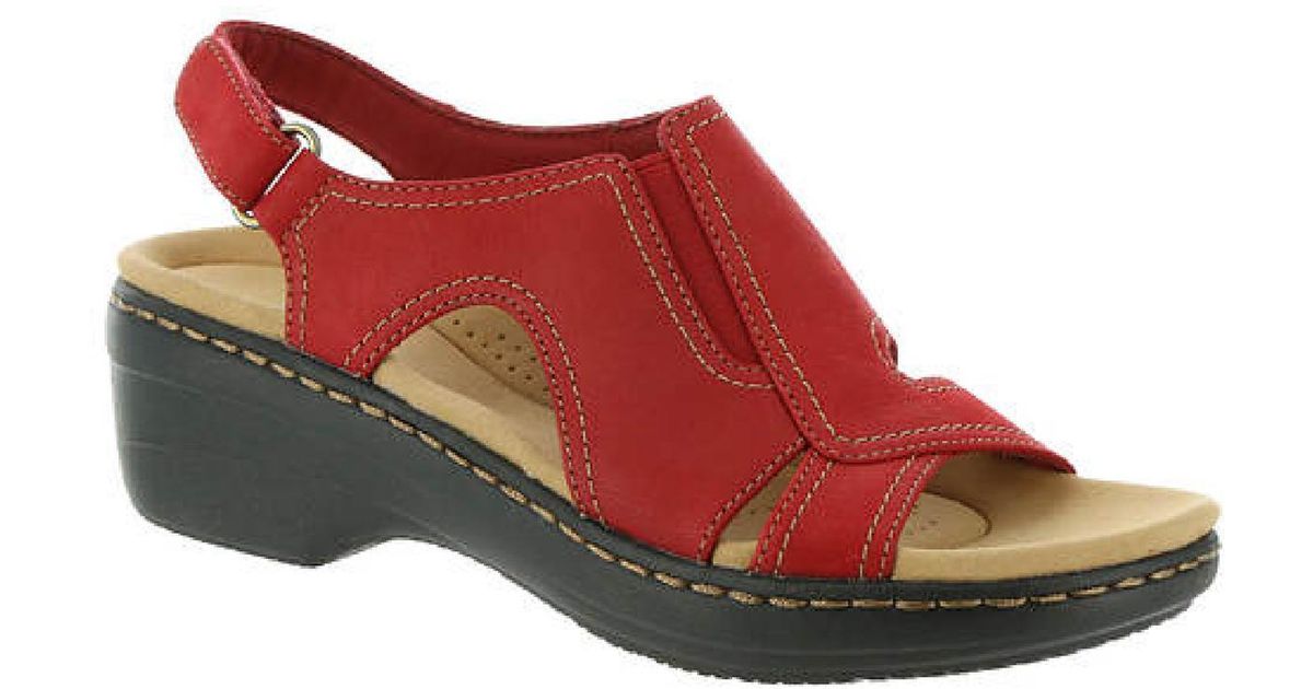 Clarks Merliah Style Leather Velcro Strap Flat Sandals in Red | Lyst