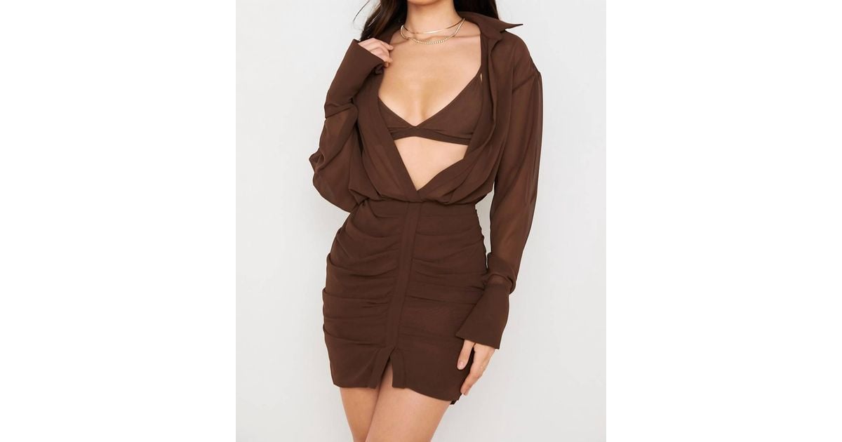 House Of Cb Deep V-Neck Puff Skirt Mini Dress in Brown | Lyst