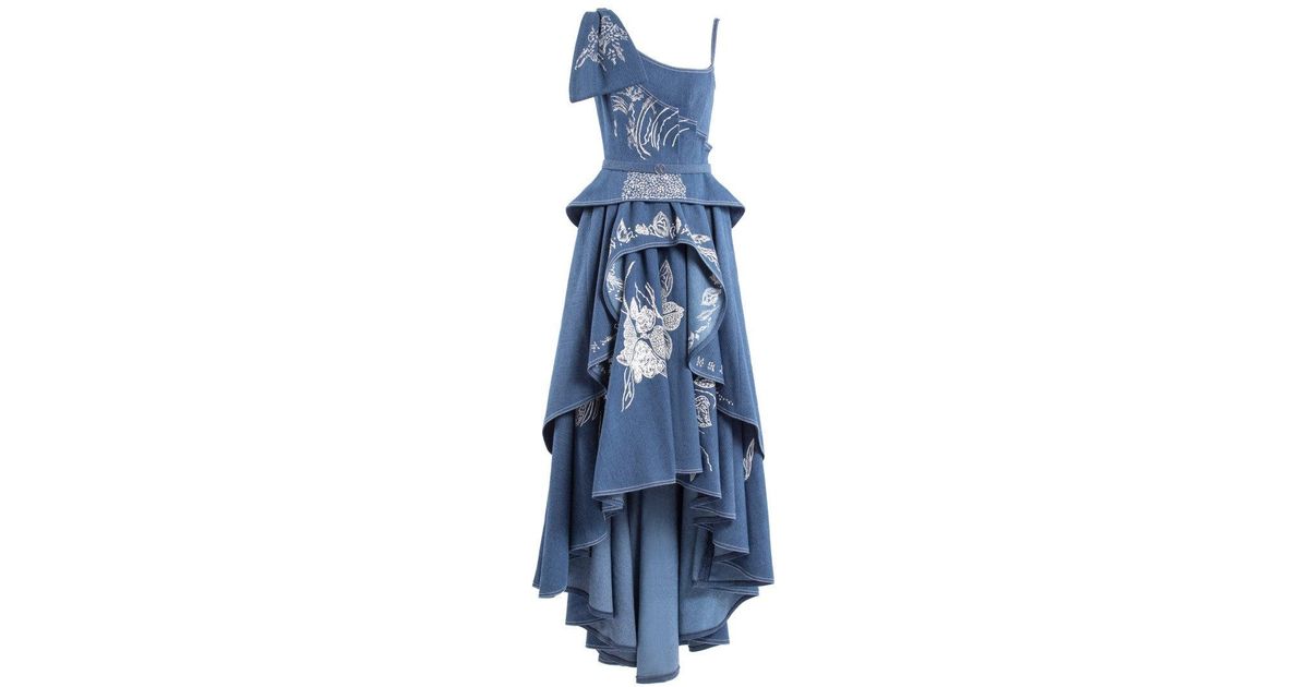 Saiid Kobeisy Denim Dress With Floral Embroidery in Blue | Lyst