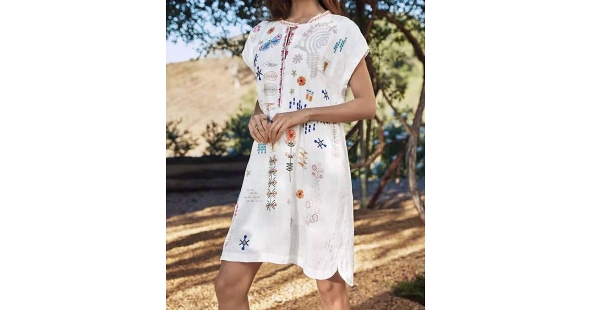 Johnny Was Elektra Linen Embroidered Lined Short Sleeve Dress in