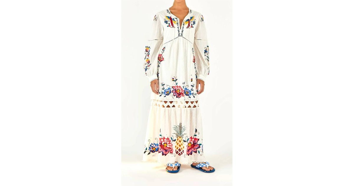 FARM Rio Macaw Cross Stitch Embroidered Maxi Dress in White | Lyst