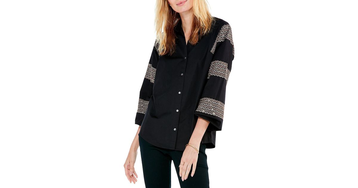 NIC+ZOE Embroidered Sequined Button-down Top in Black | Lyst
