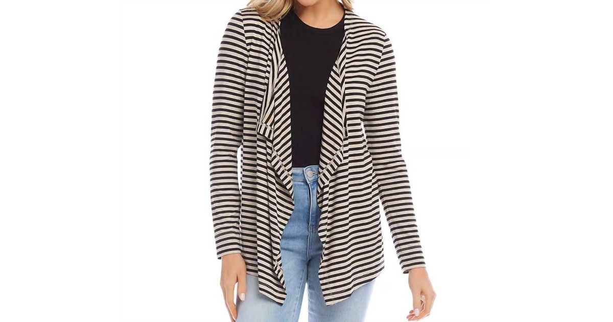 Karen Kane Sidra Stripe Drape Front Cardigan in Black | Lyst