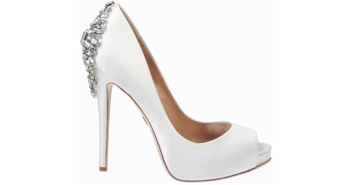 Badgley Mischka Kiara Satin Embellished Peep-toe Heels in White | Lyst