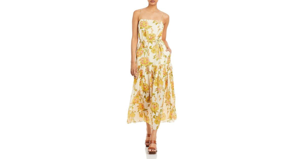 Rebecca Taylor Floral Belted Midi Dress in Yellow | Lyst