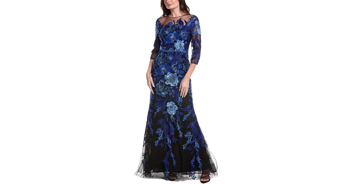 Teri Jon Embroidered Tulle Floral 3/4 Sleeve Gown in Blue | Lyst