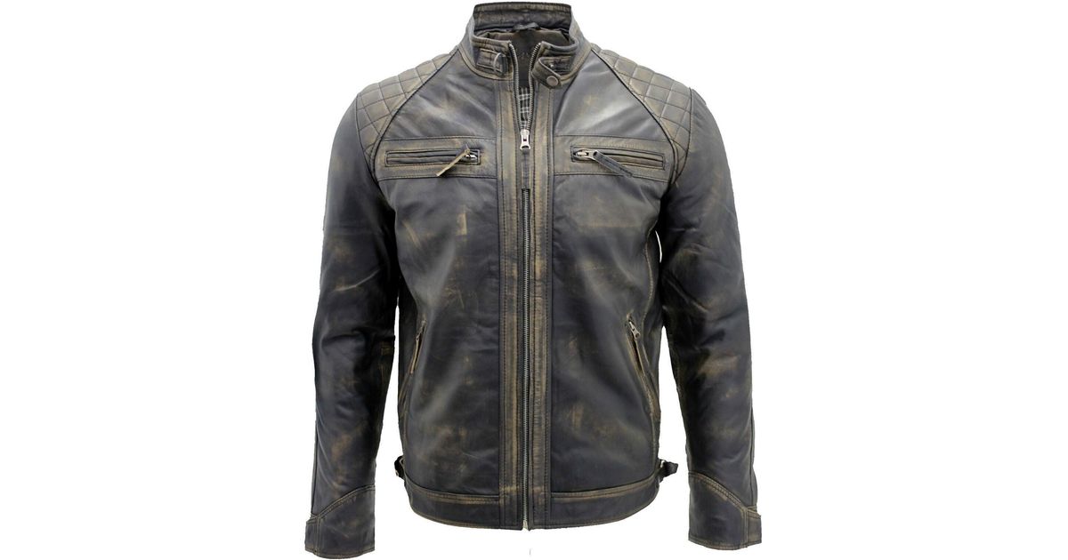 Infinity Leather Vintage Zipped Leather Racing Quilted Biker Jacket in ...