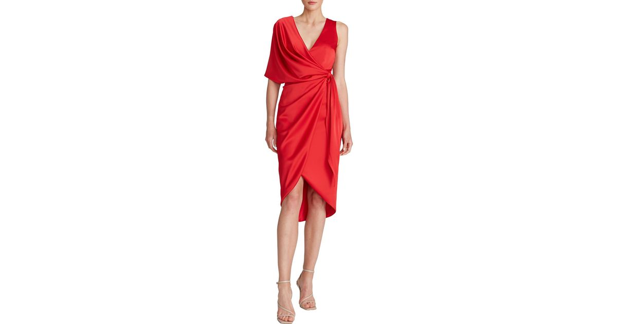 THEIA One Shoulder Knee-length Wrap Dress in Red | Lyst
