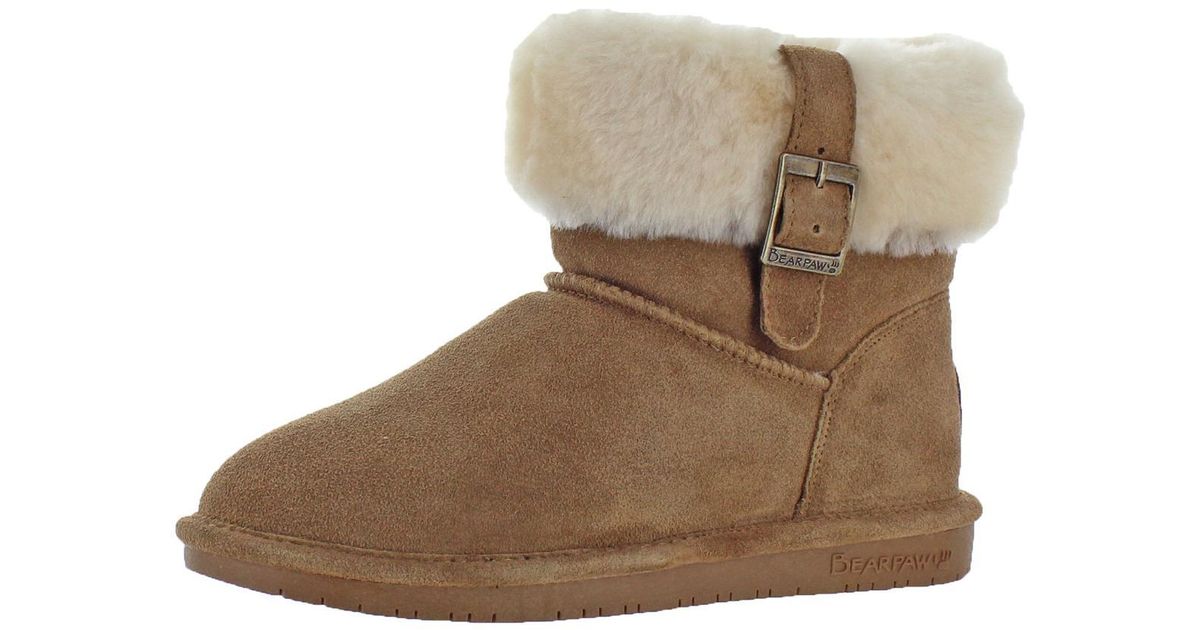 BEARPAW Abby Suede Sheepskin Lined Ankle Boots in Brown Lyst