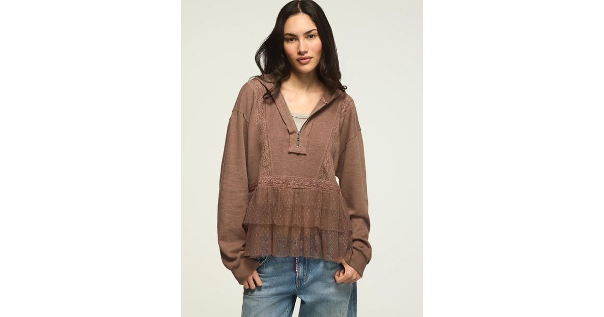 Postcodem Make Up Lucky Brand Lace Trim Peplum Zip Up in Brown | Lyst