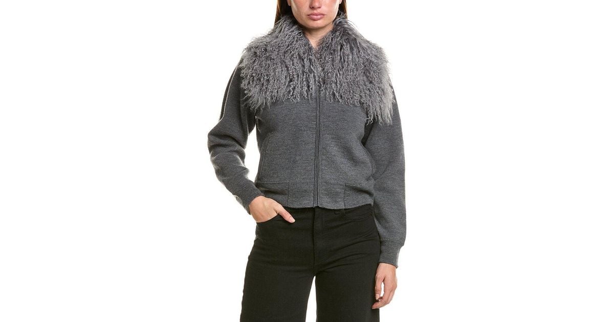 Hannah Rose Merino Wool Lamb Collar Bomber Jacket in Gray | Lyst
