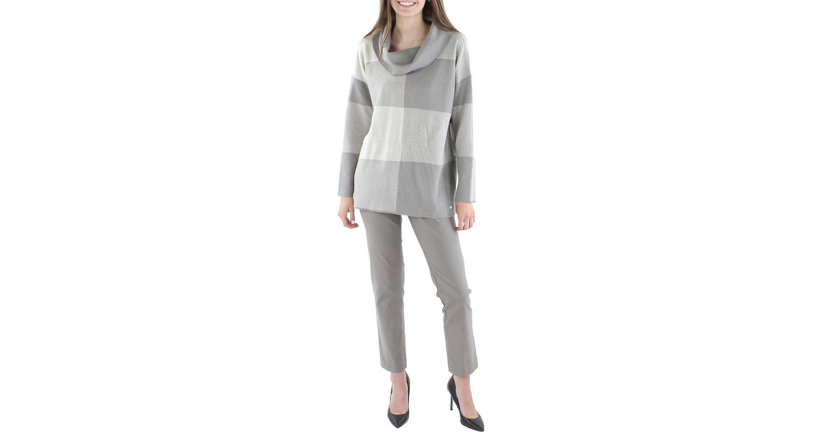 Calvin Klein Plaid Cowl Neck Pullover Sweater in Gray | Lyst