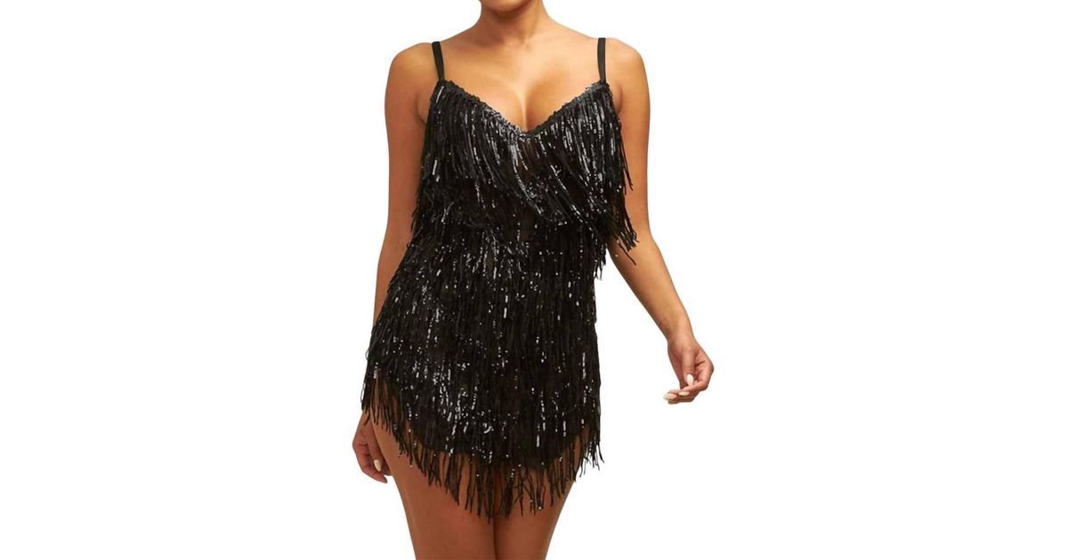 FRINGED SEQUIN MINI DRESS IN BLACK