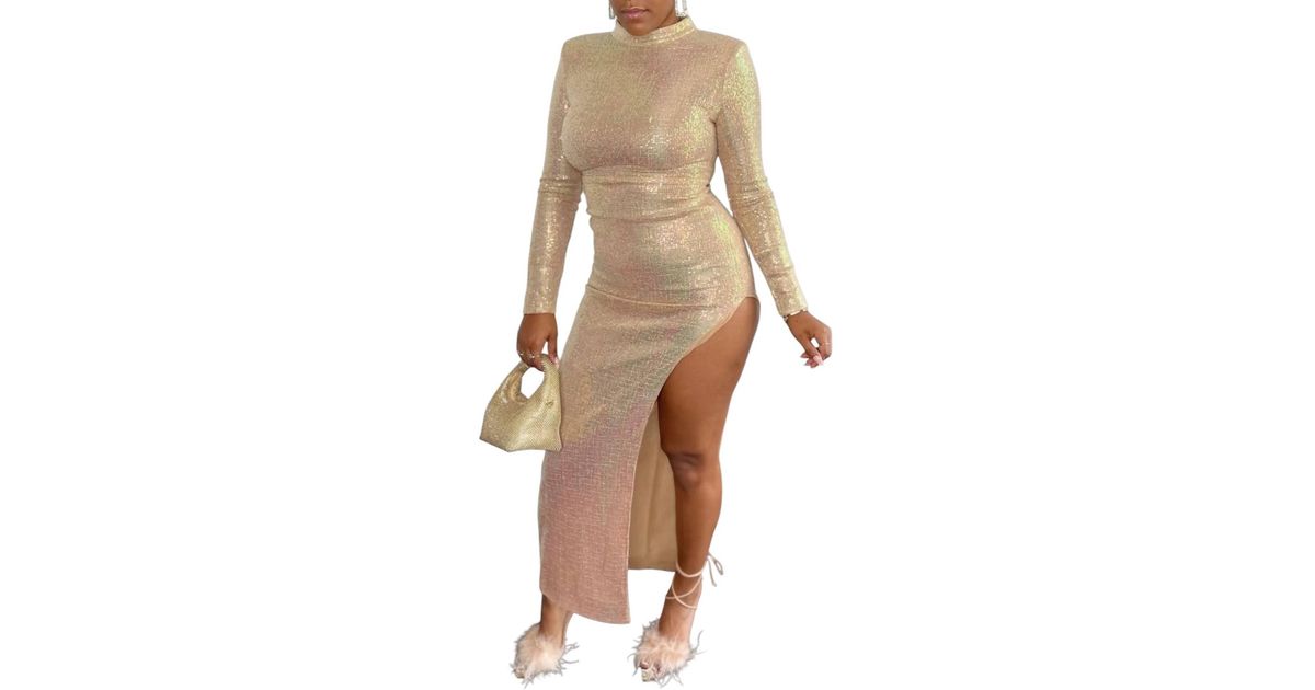 Miss Circle Sequin Long Sleeve Gown With High Split in Natural | Lyst
