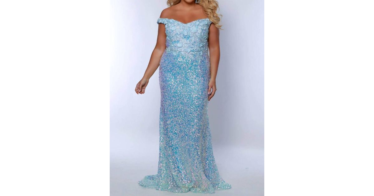 Plunging V-neck Rhinestone Decor Sheath Jersey Gown Ocean Blue Plus Size