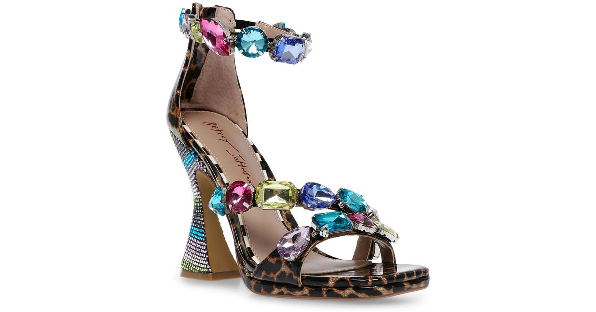 Betsey Johnson Lillie Faux Leather Rhinestone Heel Sandals in Blue | Lyst