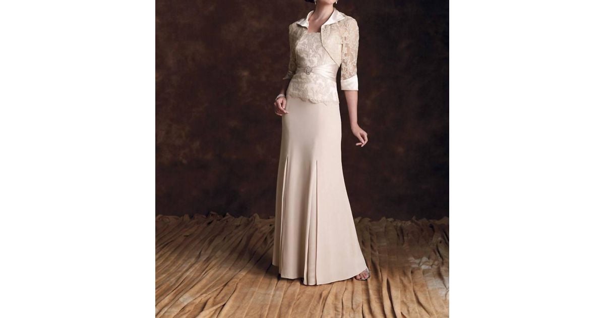 Montage by Mon Cheri Silky Crepe Suit And Mock Strapless A-Line Long Dress  Set in Brown | Lyst
