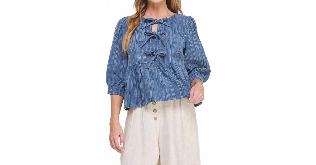 Allie Rose Giselle Textured 3/4 Sleeve Ribbon Blouse in Blue | Lyst